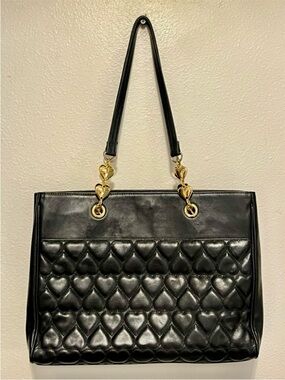 MOSCHINO VTG 90s Heart Quilted Lambskin Leather Black Tote Bag Chain Strap